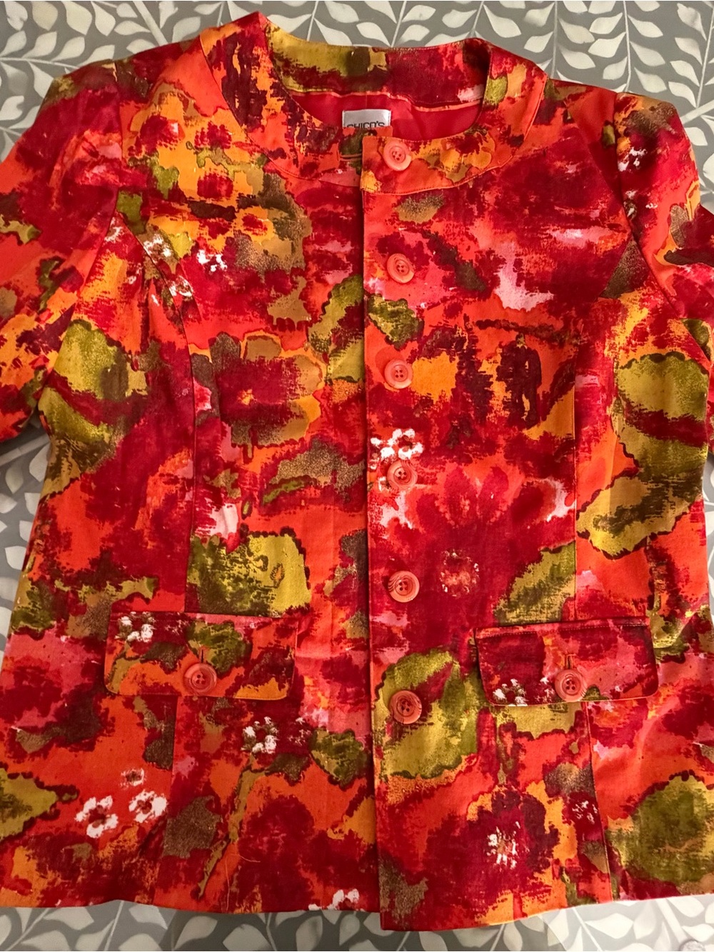 Chico's Red Orange Floral Velvet Blazer
